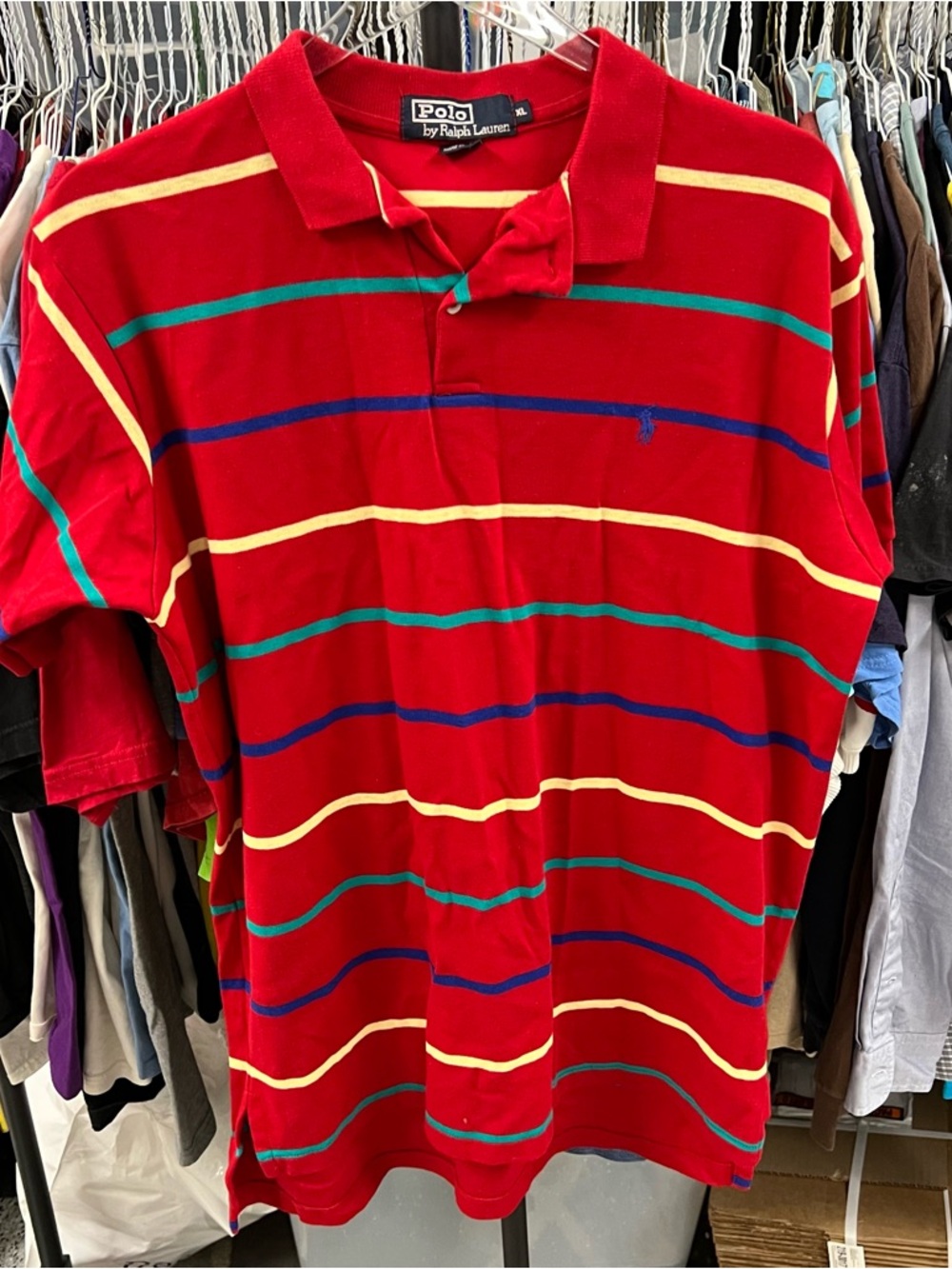 Vintage Polo Ralph Lauren Shirt Men's XL Red Green Yellow & Navy Striped Pony